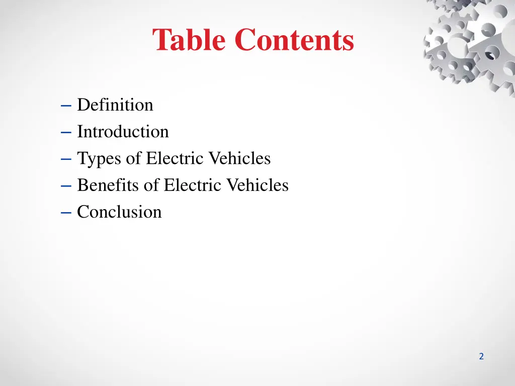table contents