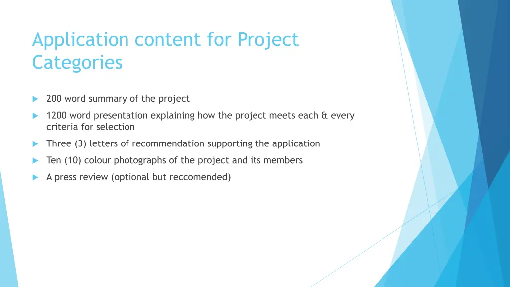 application content for project categories