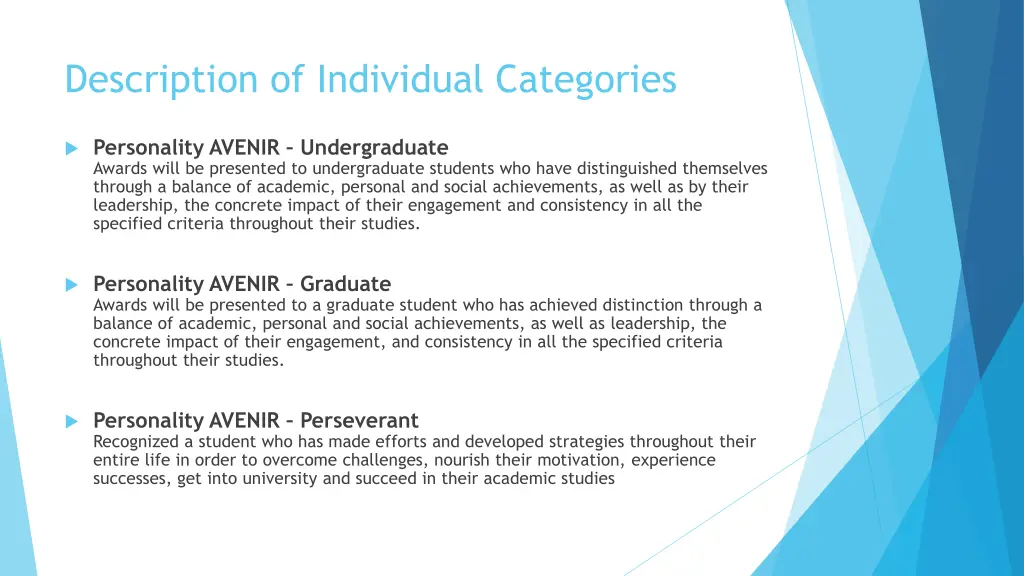 description of individual categories
