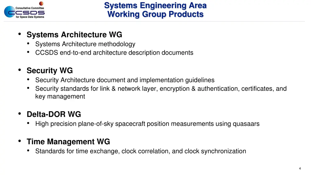 systems engineering area working group products