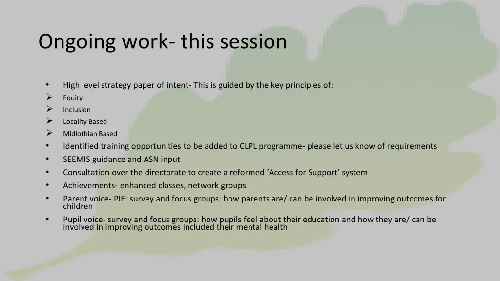 ongoing work this session