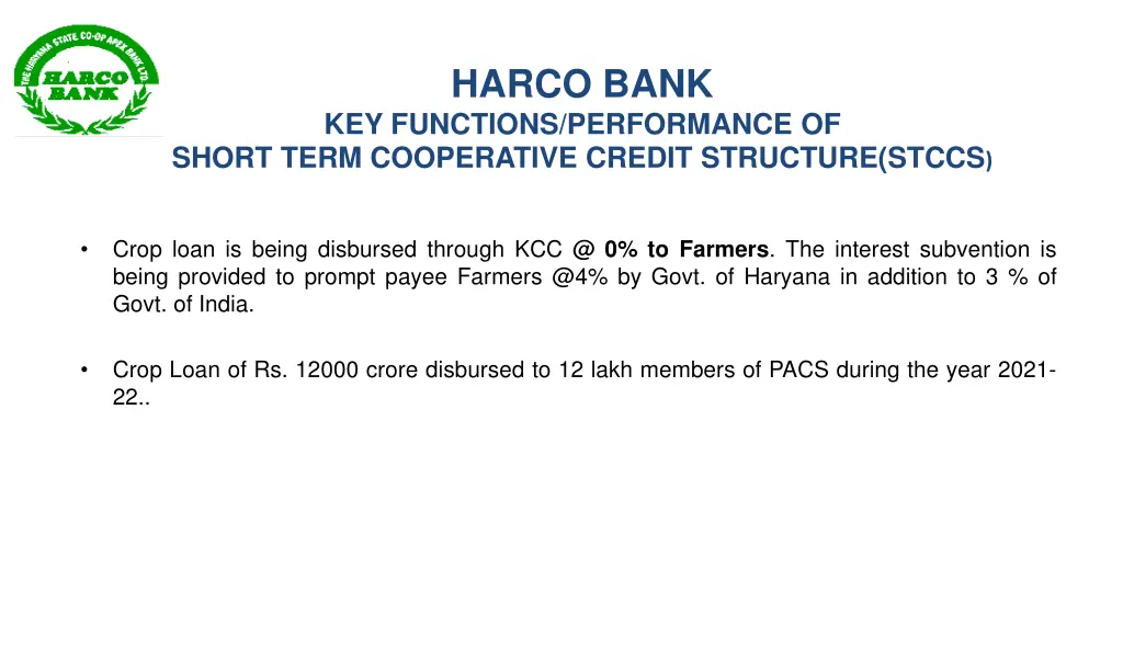 harco bank key functions performance of short