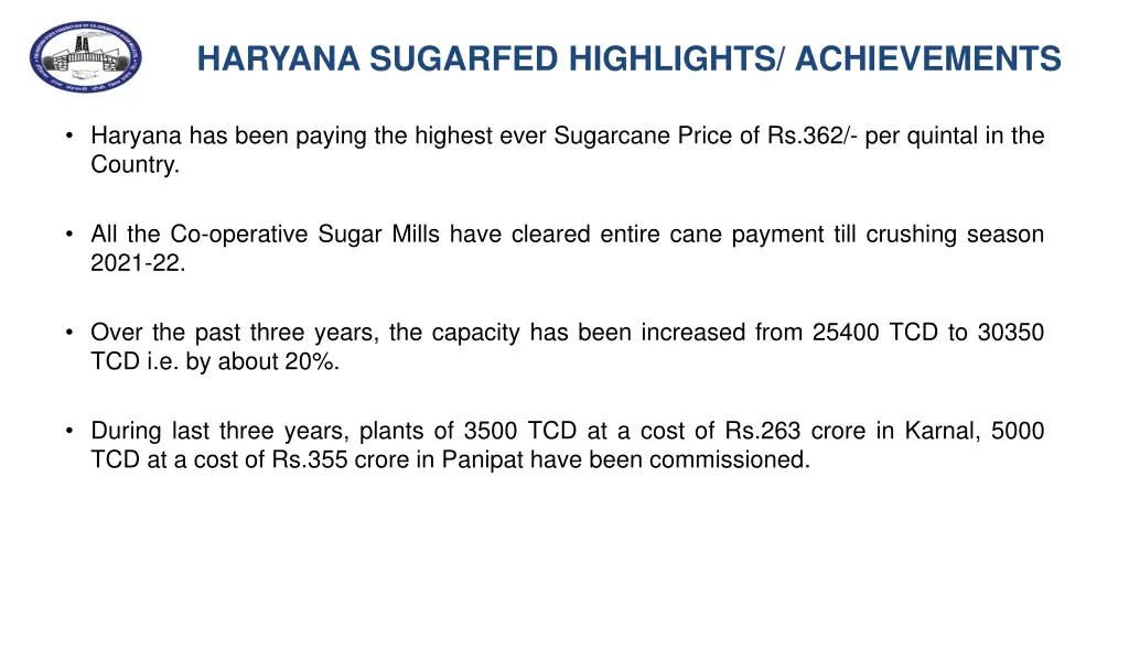 haryana sugarfed highlights achievements