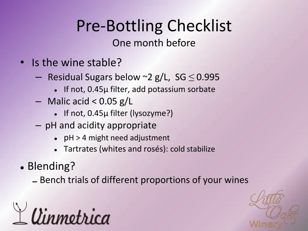 pre bottling checklist one month before