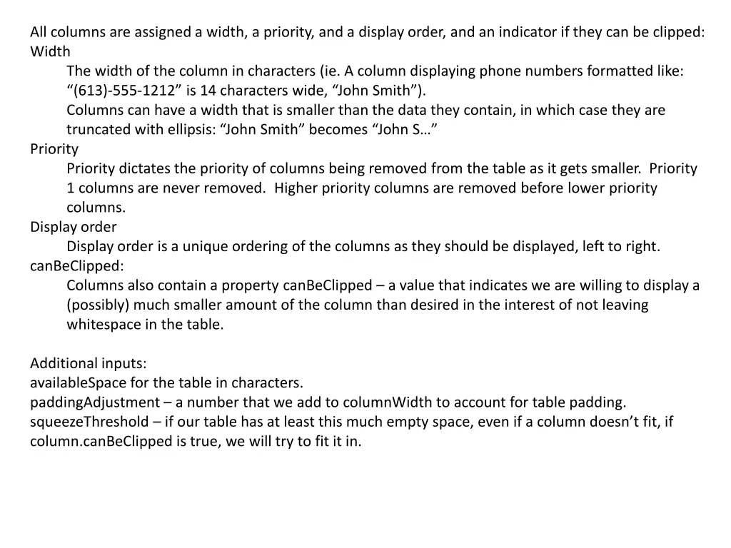 all columns are assigned a width a priority