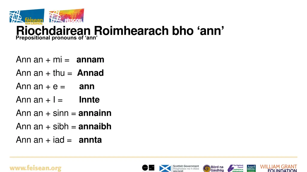 riochdairean roimhearach bho ann prepositional