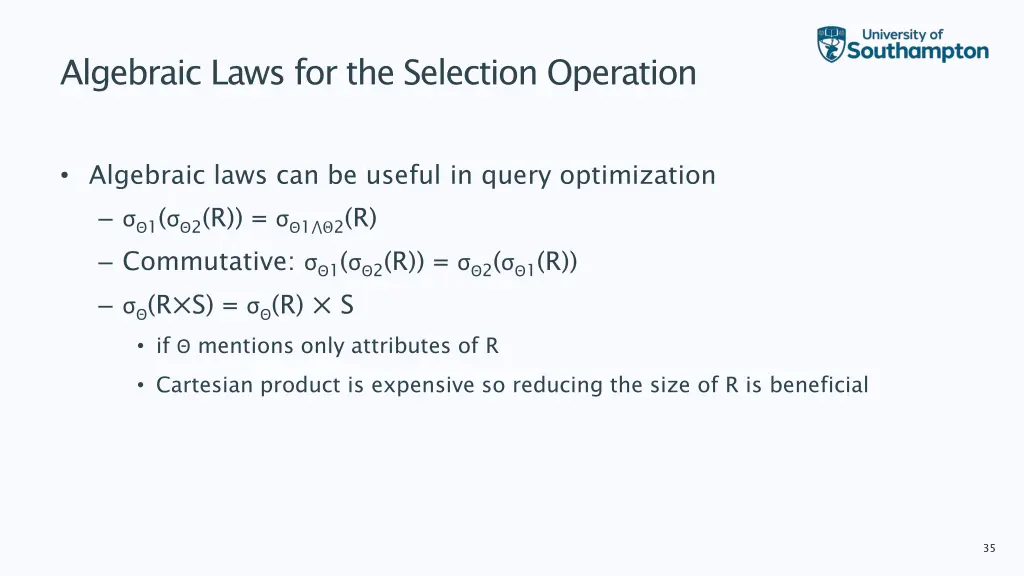 algebraic laws for the selection operation