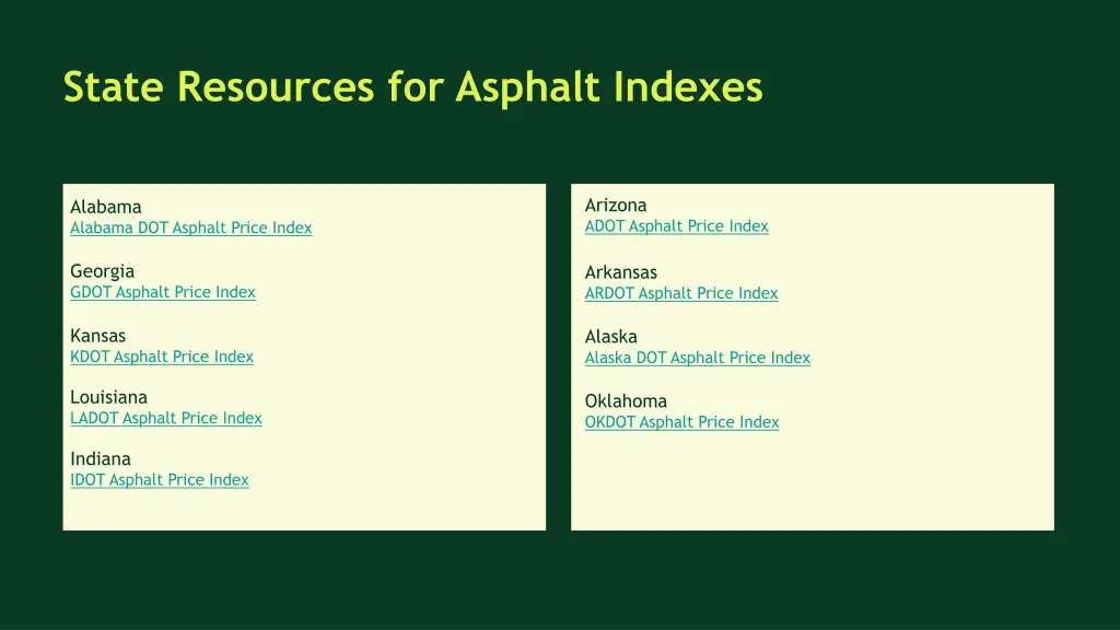 state resources for asphalt indexes 1