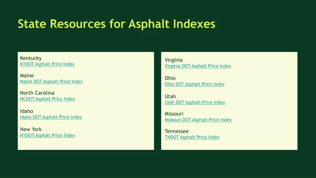 state resources for asphalt indexes