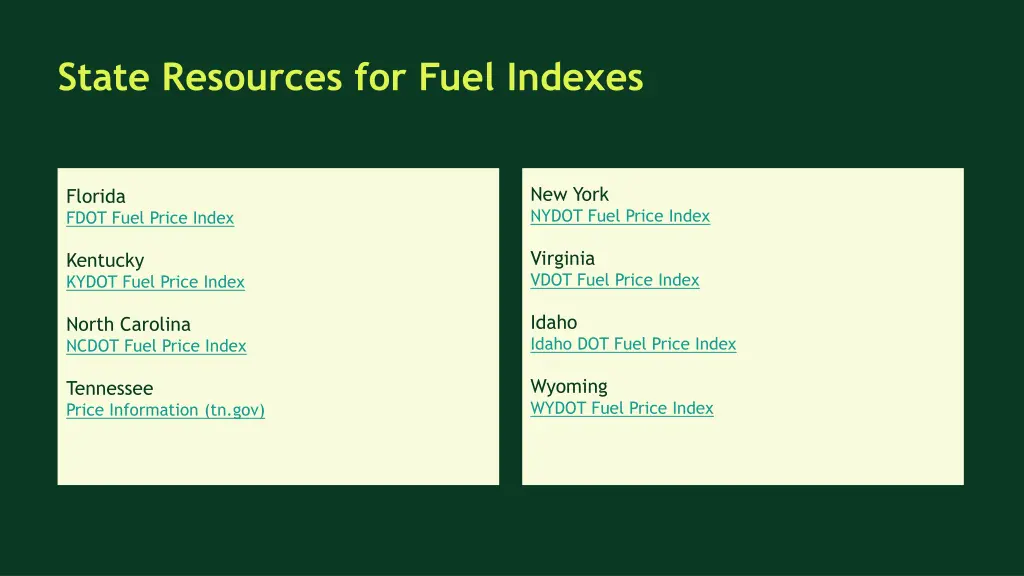 state resources for fuel indexes