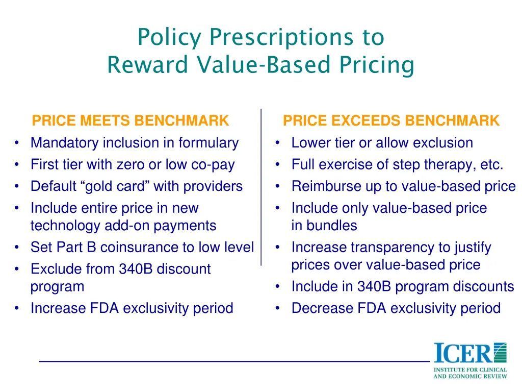 policy prescriptions to reward value based pricing