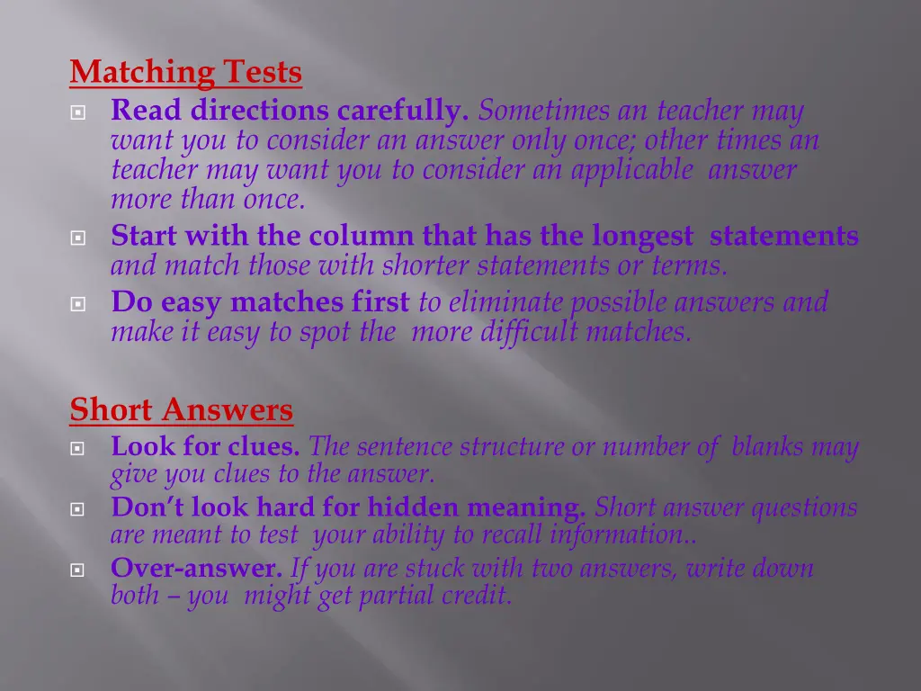 matching tests read directions carefully