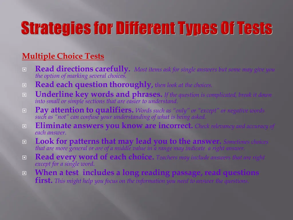 multiple choice tests read directions carefully