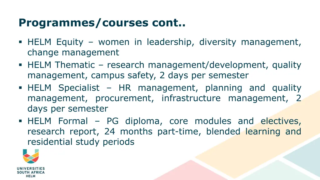 programmes courses cont