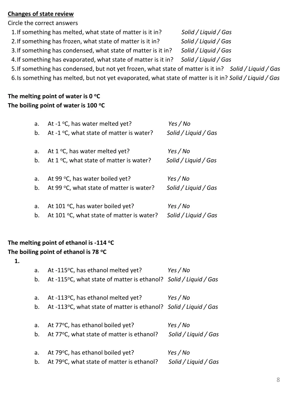 changes of state review circle the correct