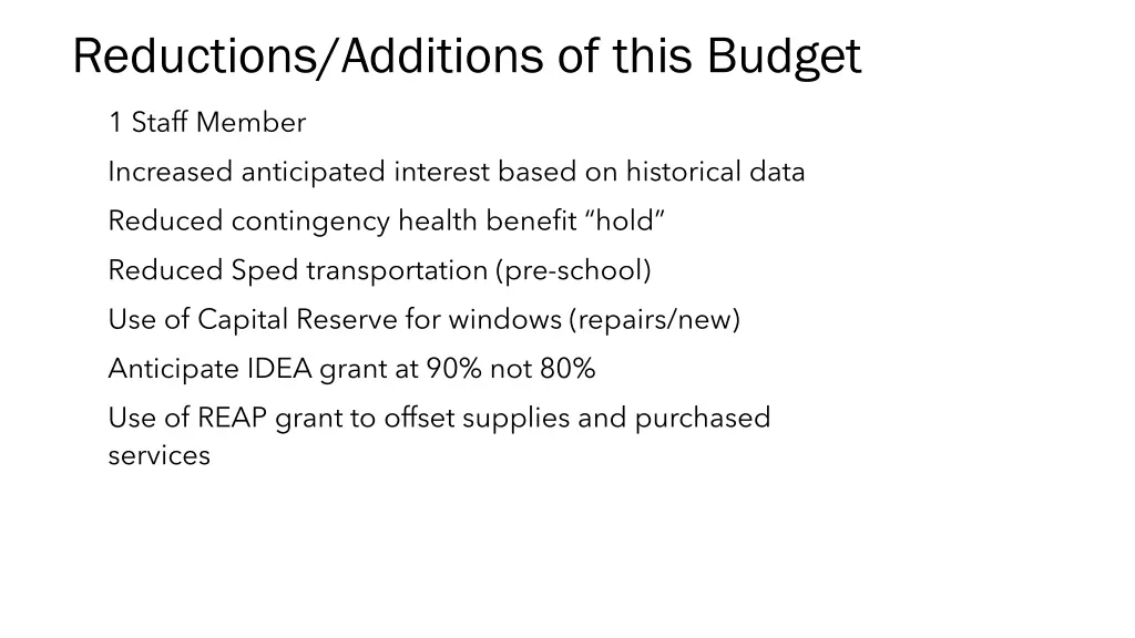 reductions additions of this budget