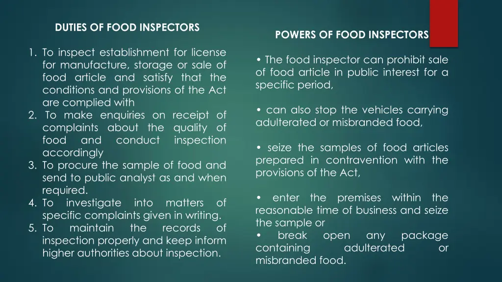 duties of food inspectors