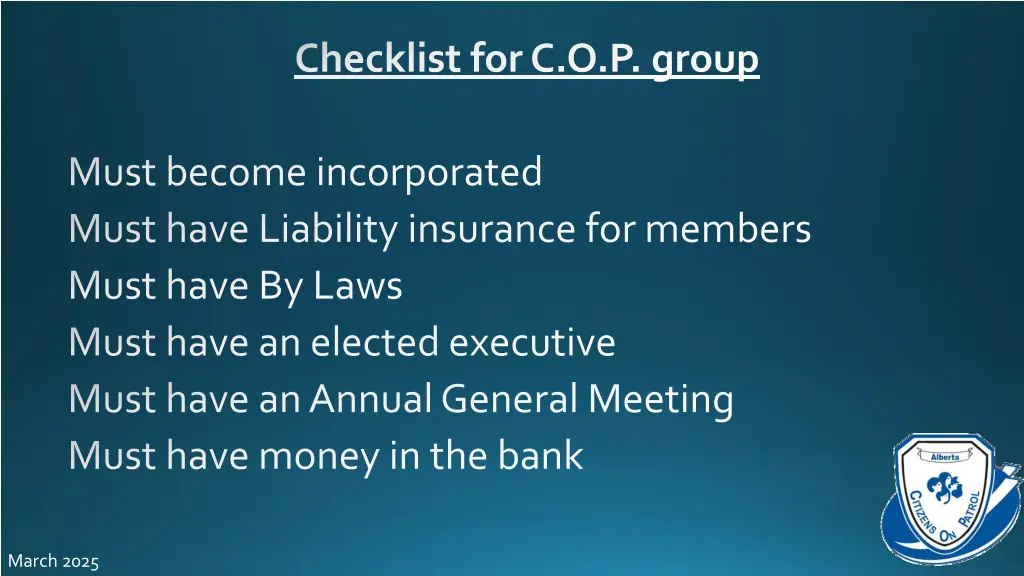 checklist for c o p group