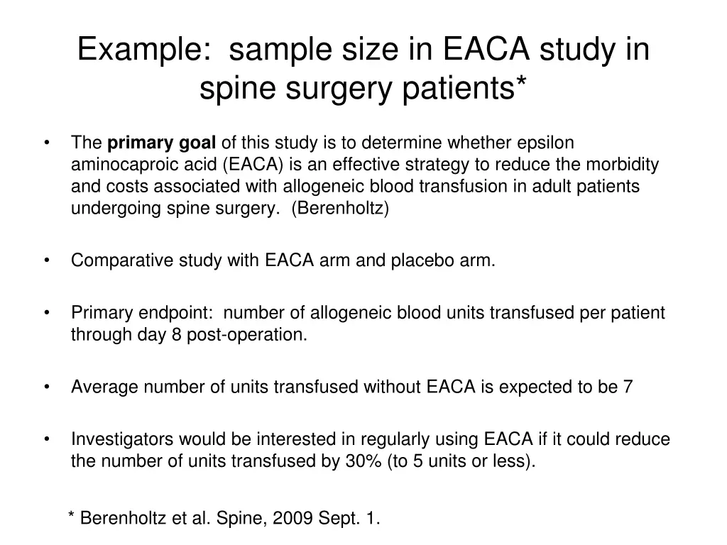 example sample size in eaca study in spine