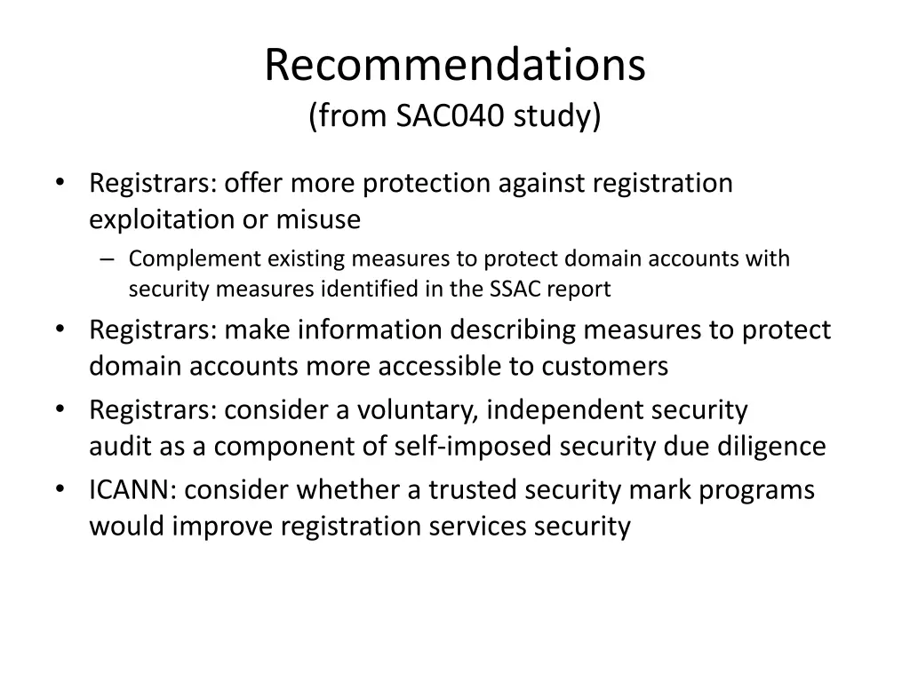 recommendations from sac040 study