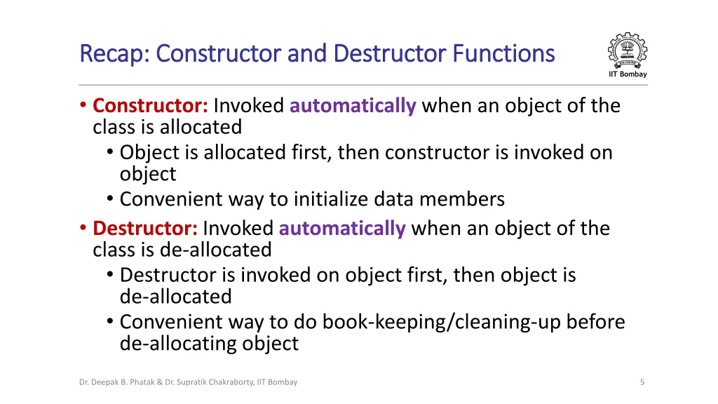 recap constructor and destructor functions recap