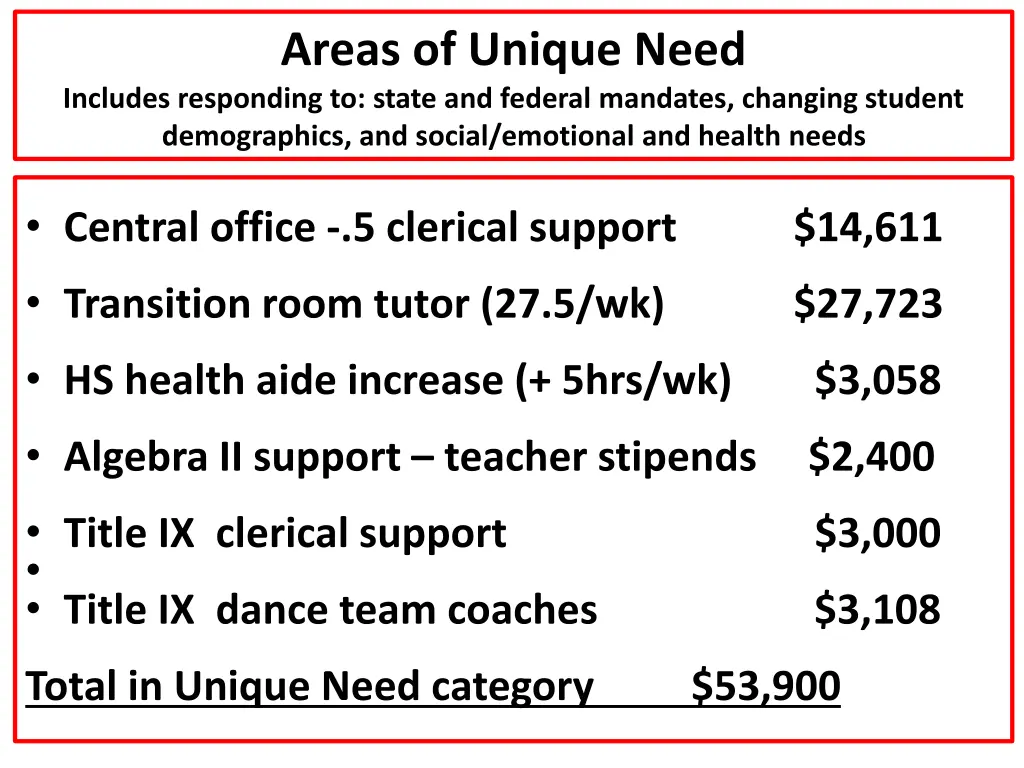 areas of unique need includes responding to state