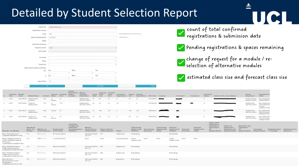 detailed by student selection report