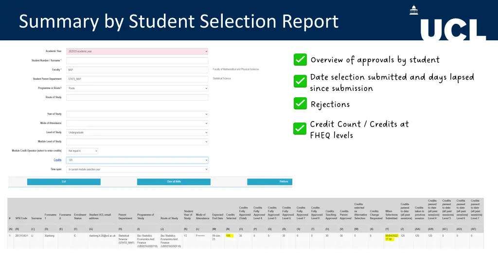 summary by student selection report