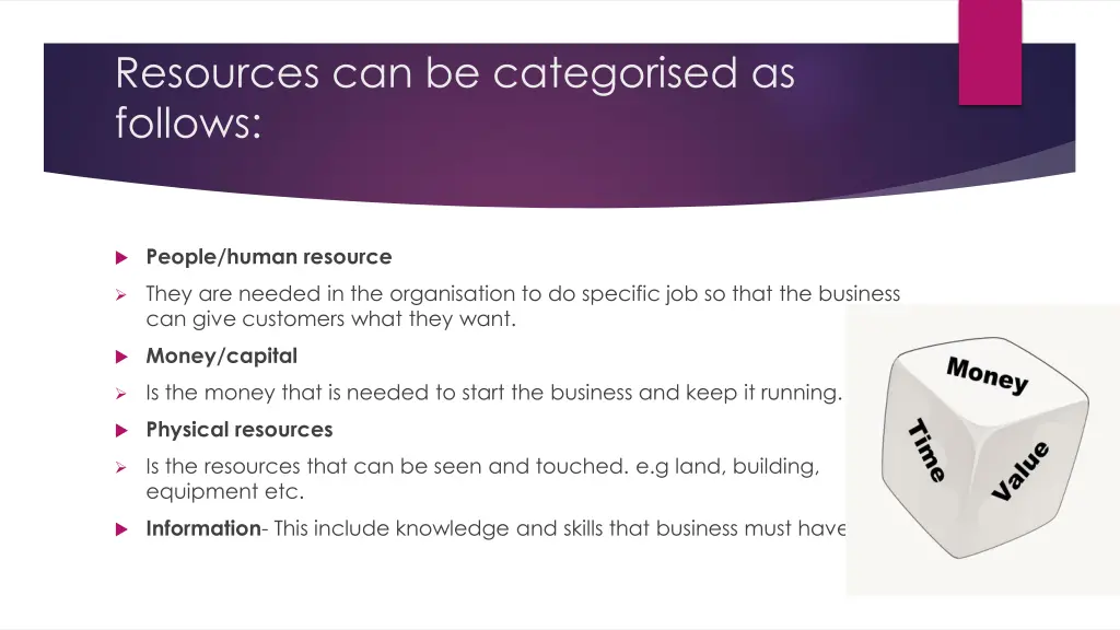 resources can be categorised as follows