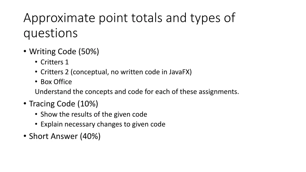 approximate point totals and types of questions