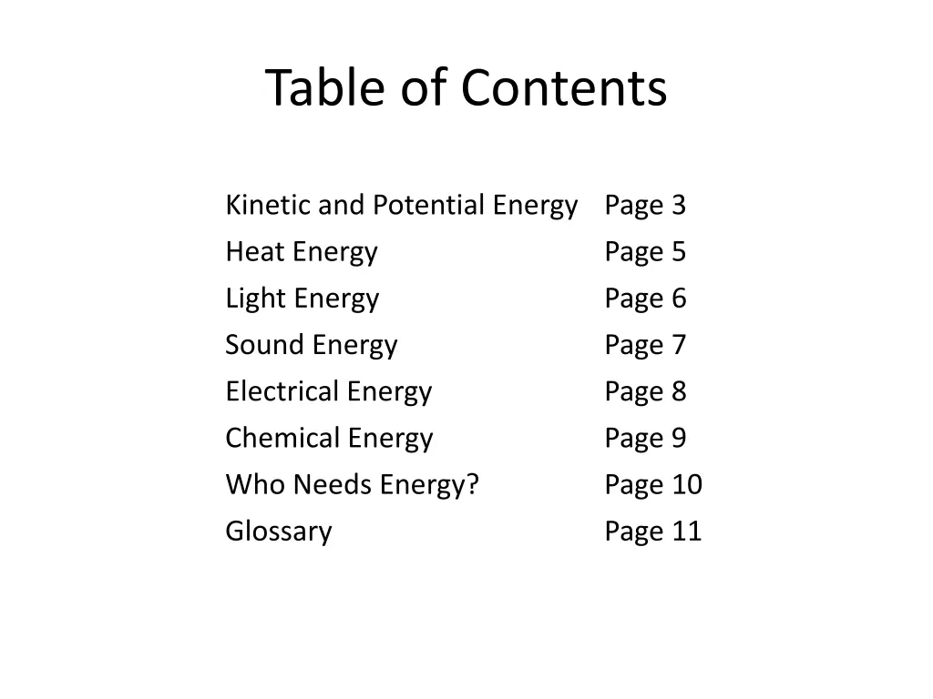 table of contents