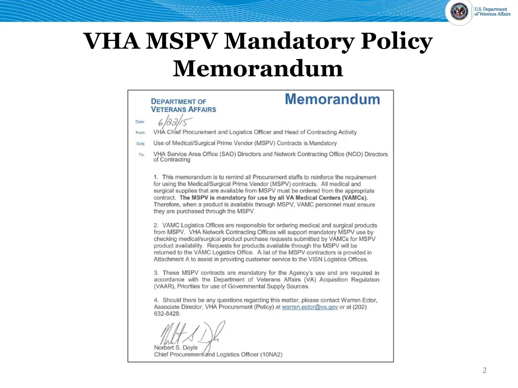 vha mspv mandatory policy memorandum