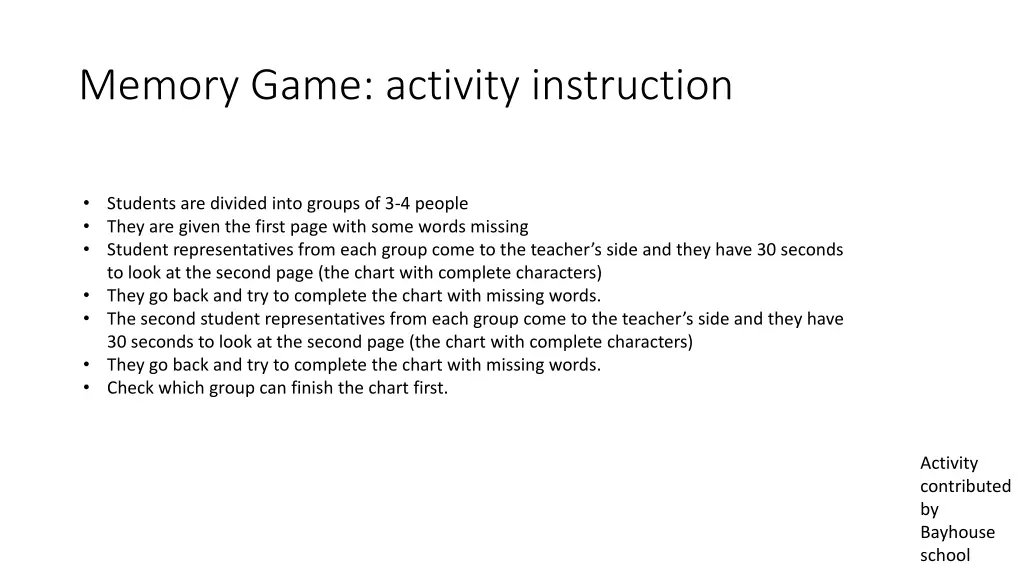 memory game activity instruction