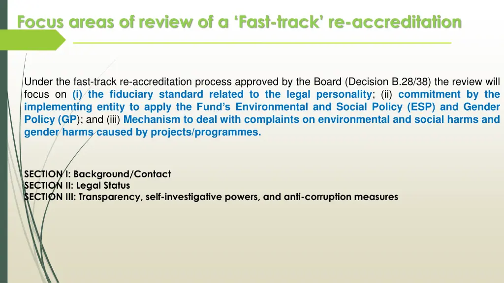 focus areas of review of a fast track