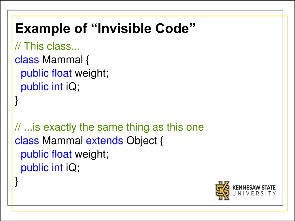 example of invisible code this class class mammal