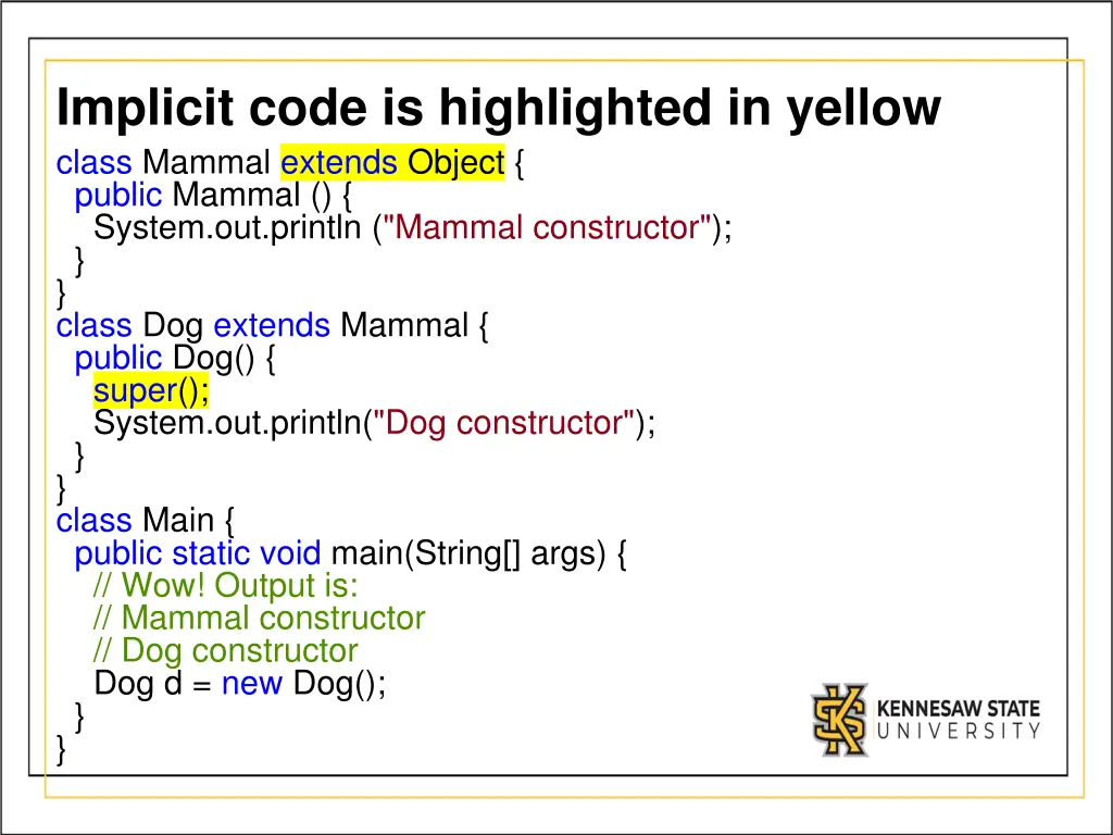 implicit code is highlighted in yellow class
