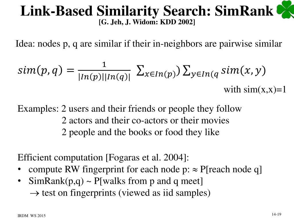 link based similarity search simrank