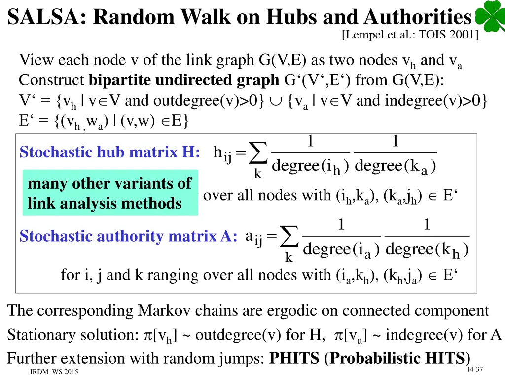 salsa random walk on hubs and authorities