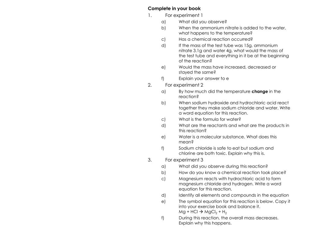 complete in your book 1 for experiment 1 a b