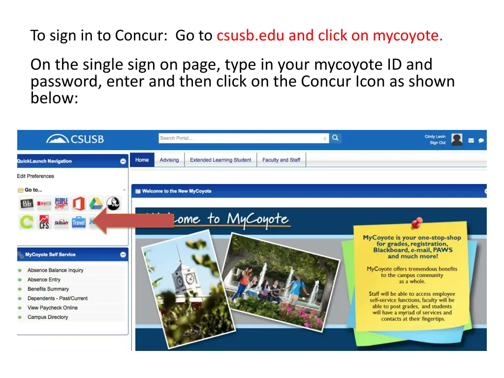 to sign in to concur go to csusb edu and click