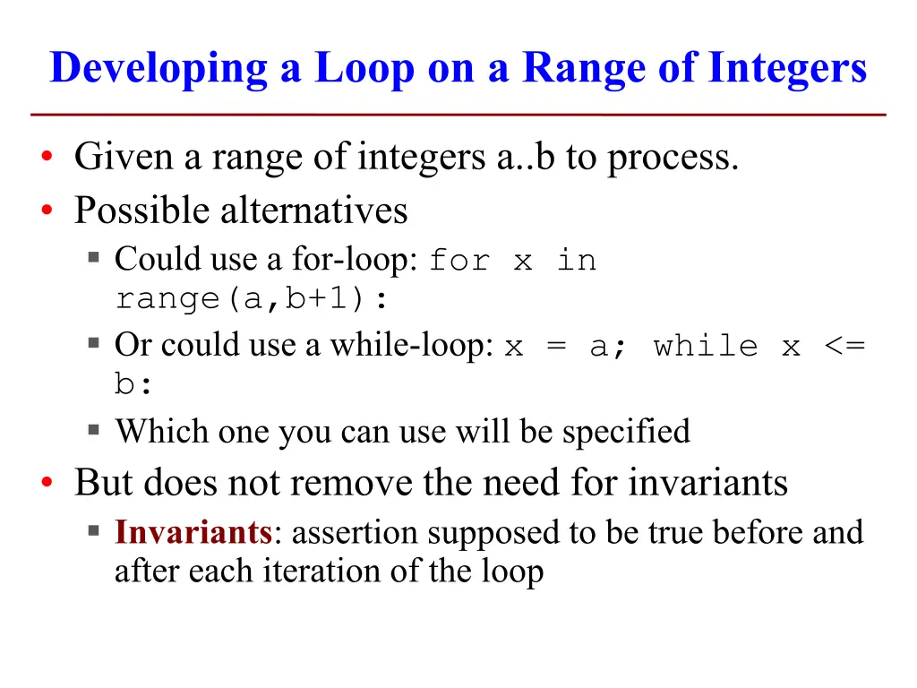developing a loop on a range of integers