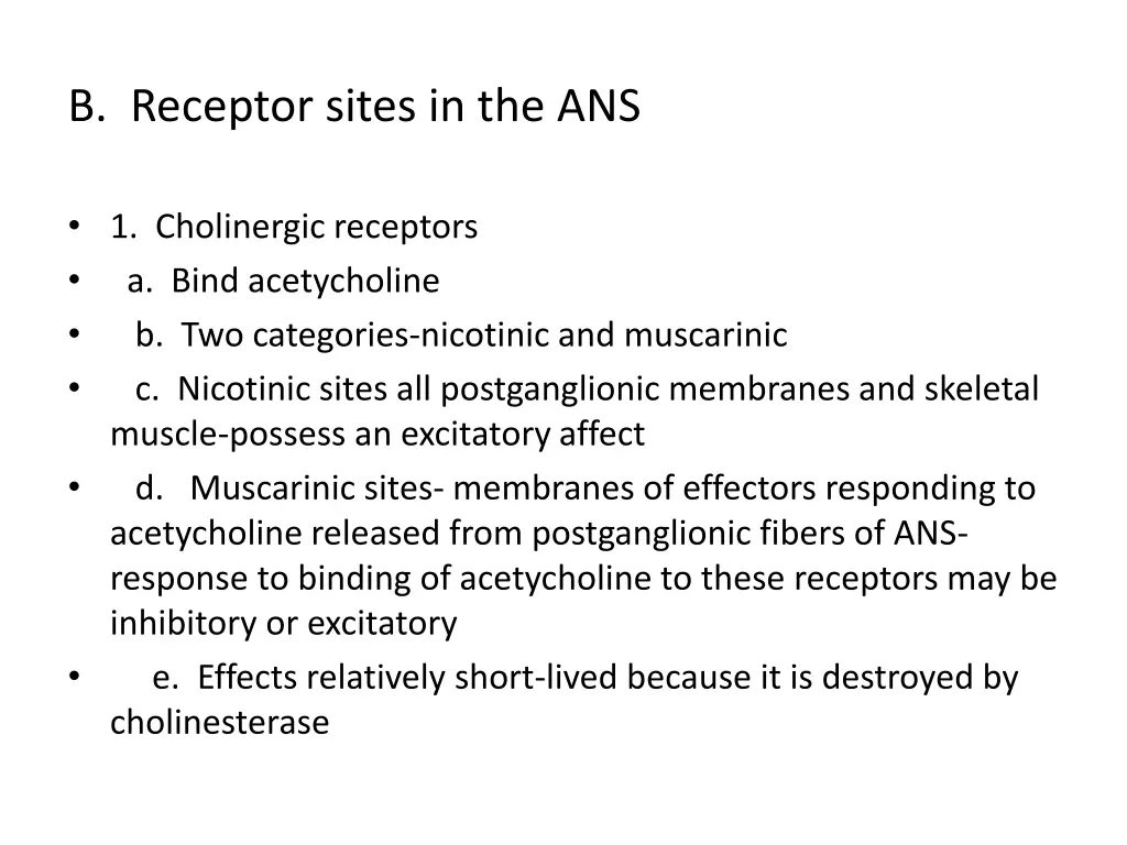 b receptor sites in the ans