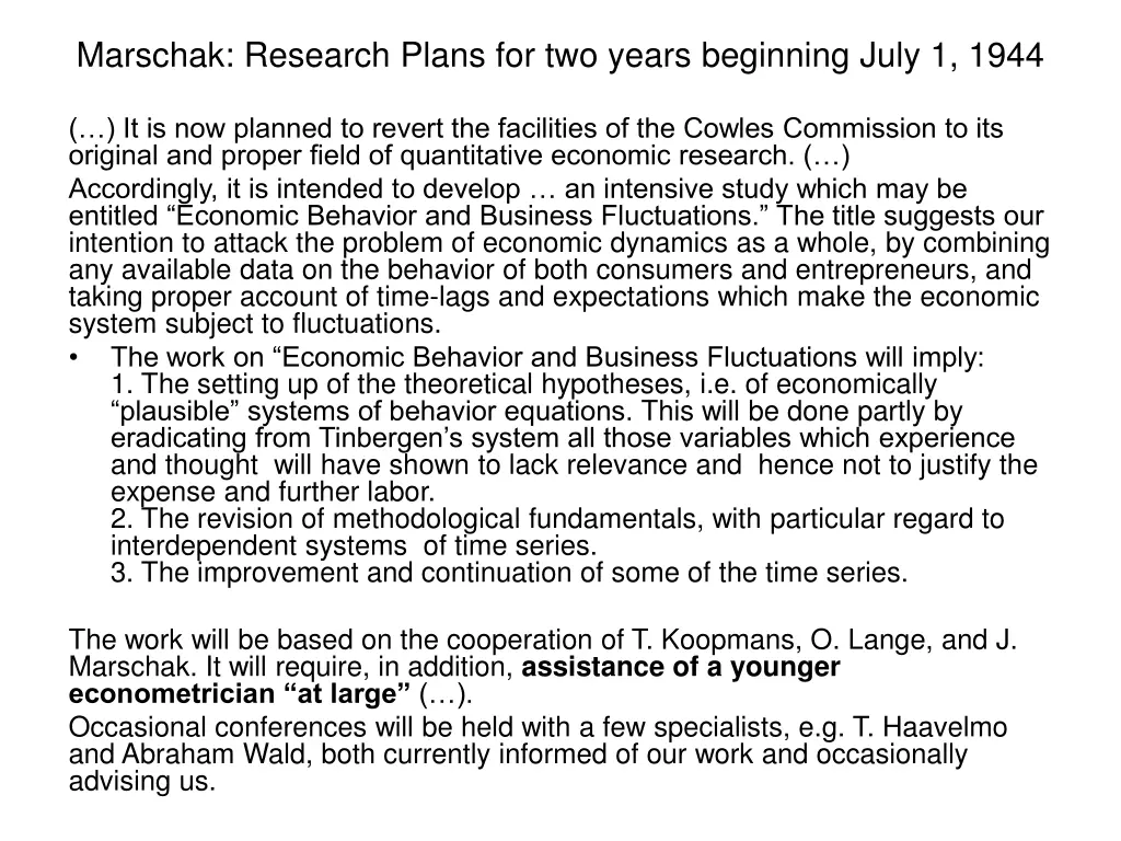 marschak research plans for two years beginning