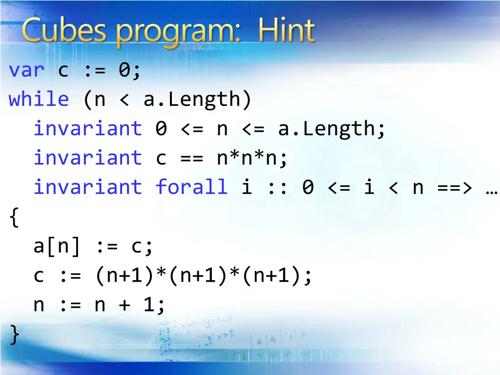 cubes program hint var c 0 while n a length