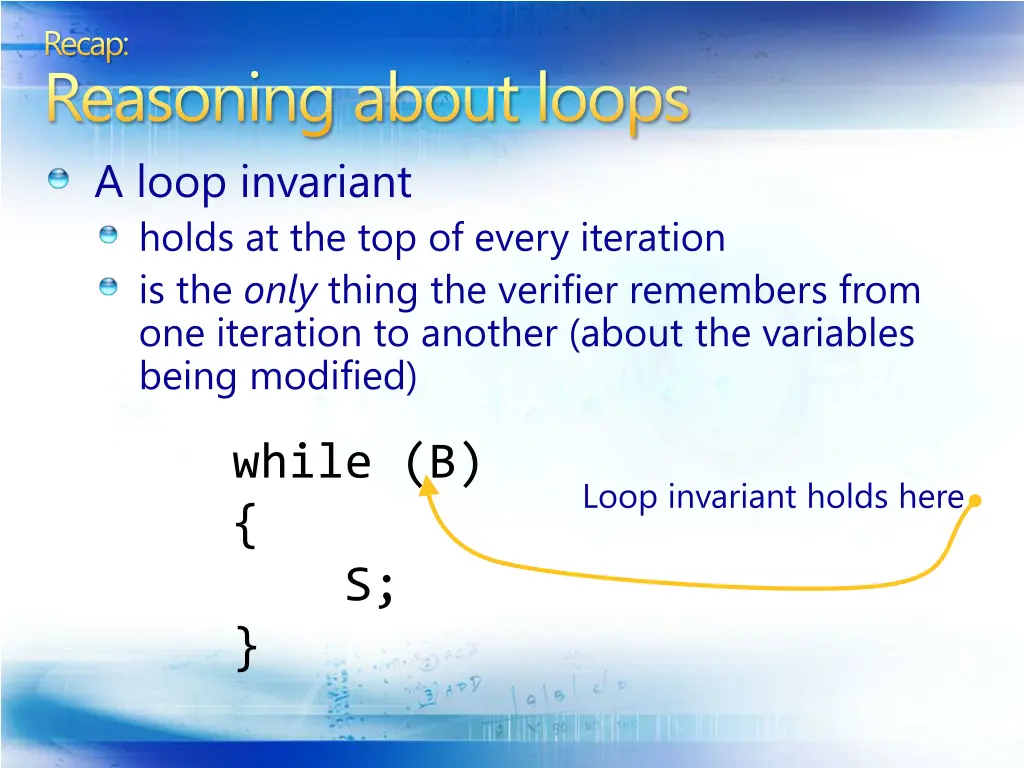 recap reasoning about loops a loop invariant