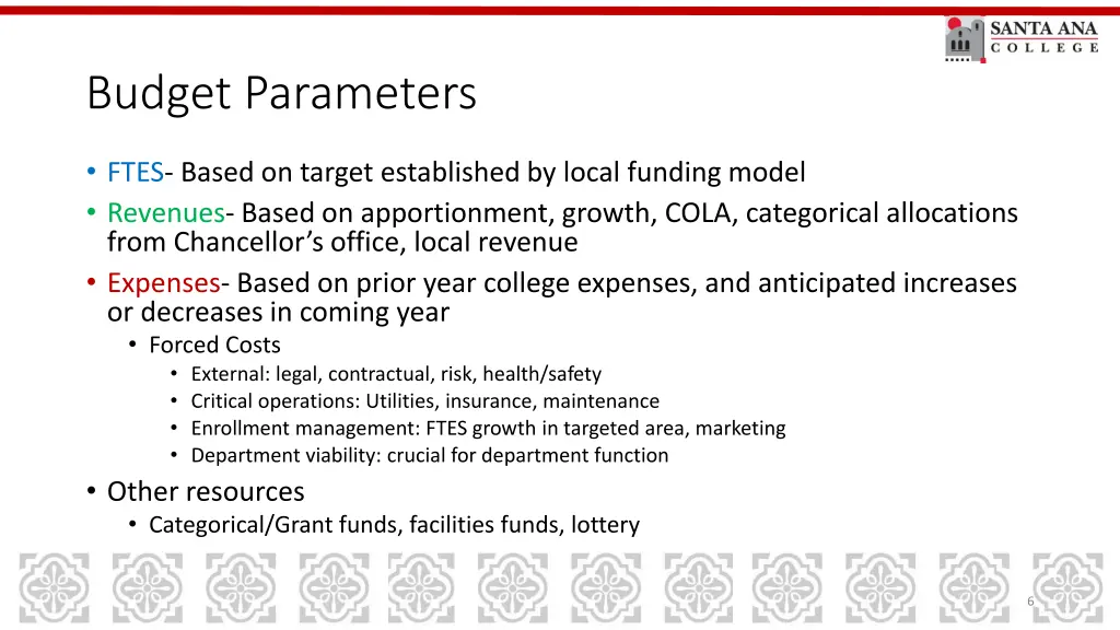 budget parameters