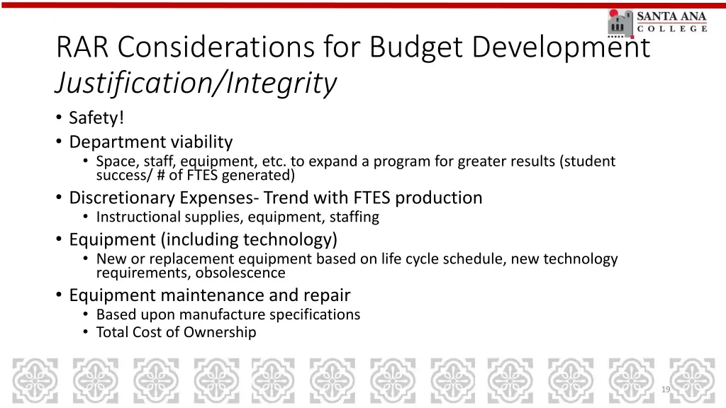 rar considerations for budget development