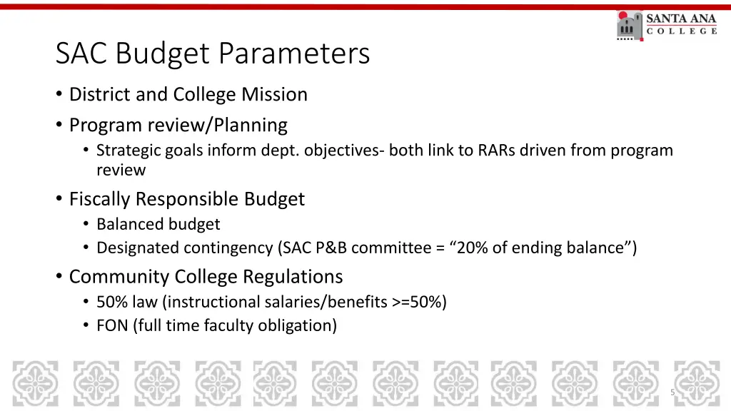 sac budget parameters district and college