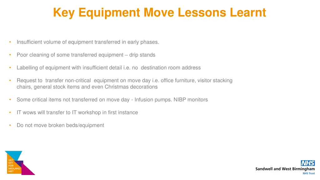 key equipment move lessons learnt