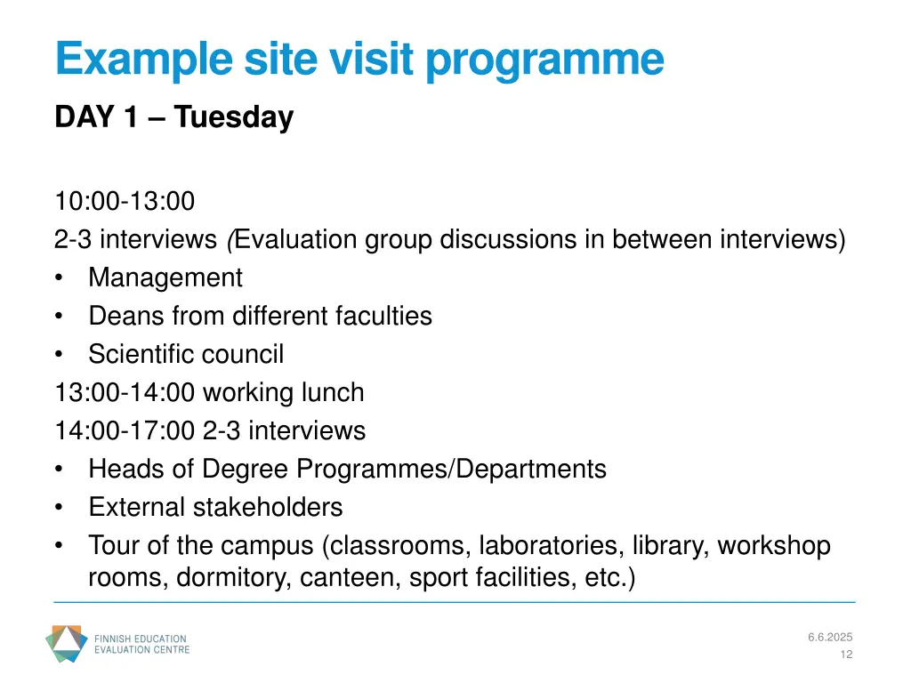 example site visit programme day 1 tuesday